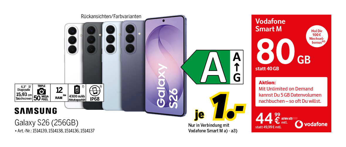 Samsung Galaxy S26 mit 562GB einmalig für 1€
