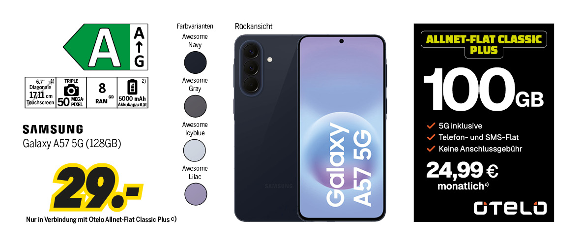 Samsung Galaxy A57 5G mit 128GB für einmalig 29€
