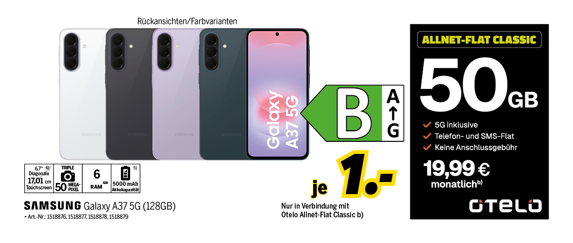 Samsung Galaxy A37 5G mit 128GB für einmalig 1€