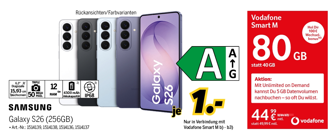 Samsung Galaxy S26 mit 256GB für einmalig 1€
