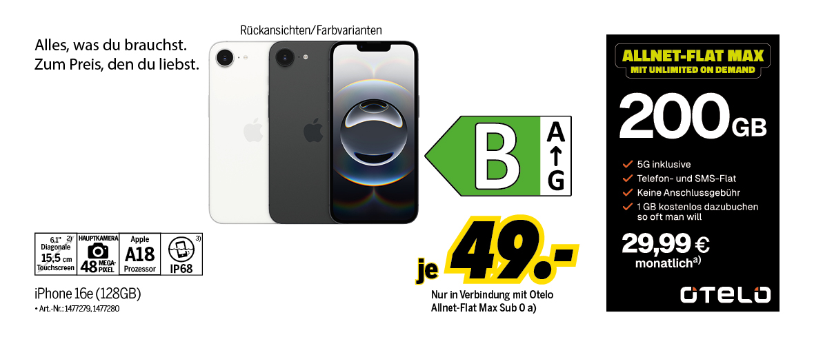 iPhone 16e mit 128GB für einmalig 49€