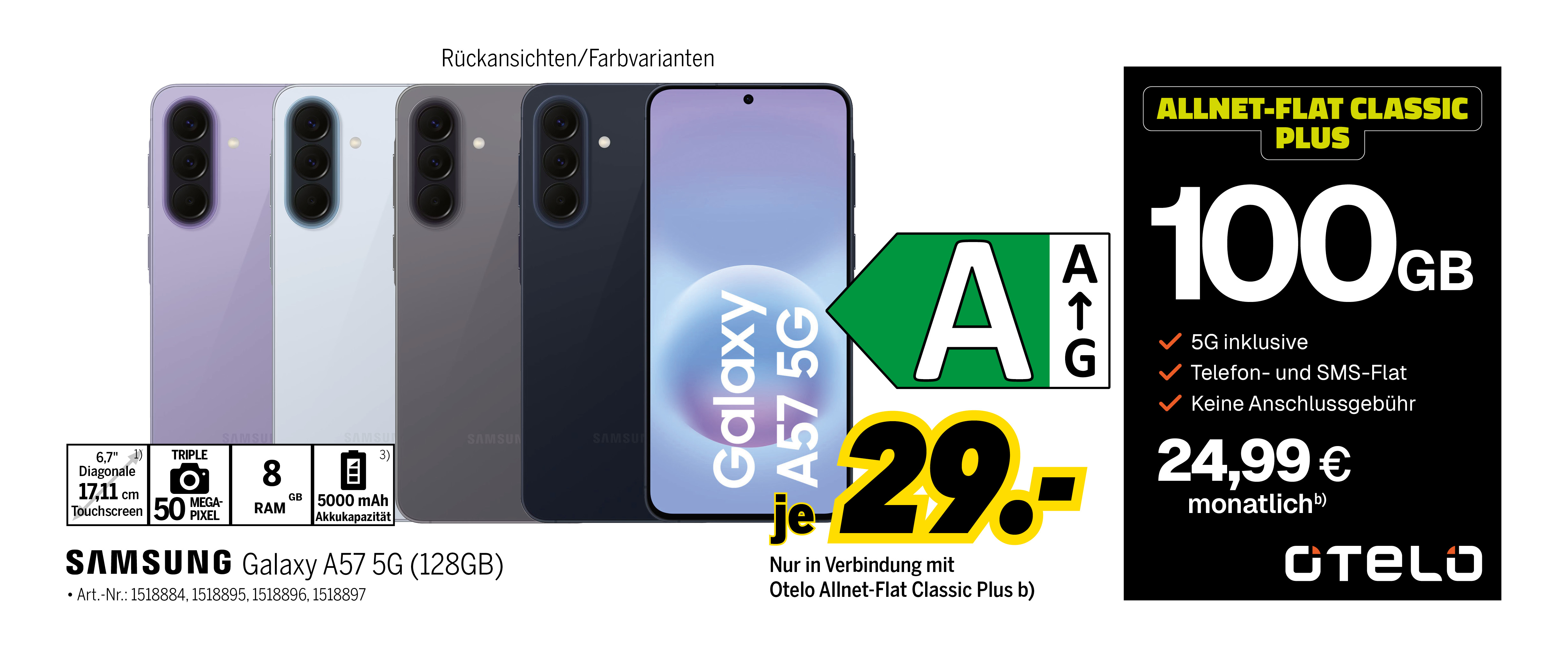 Samsung Galaxy A57 5G mit 128GB für einmalig 29€