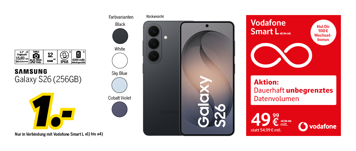 Samsung Galaxy S26 mit 256GB für einmalig 1€